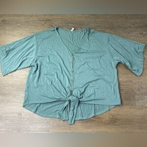 Wishlist Womens Teal Green V Neck Button Down Flutter Sleeve Front Tie Shirt M/L